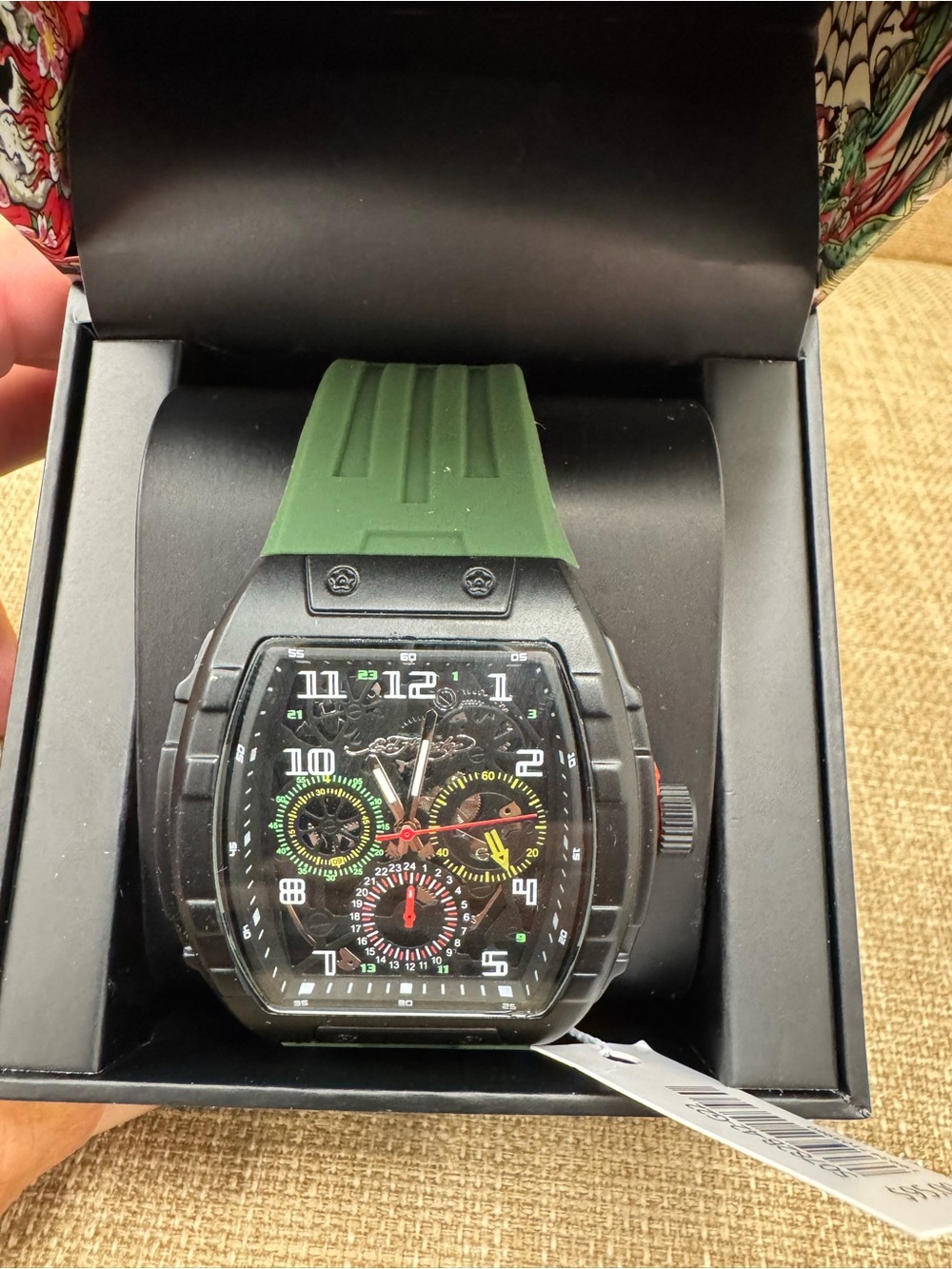Ed Hardy Quartz Skull Skeleton Dial Watch Black Tonneau Green Strap 100m Box